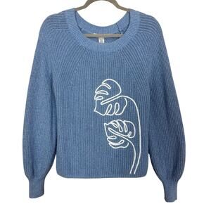 Tommy Bahama Sweater Womens XS Blue Monstera Embroidered Pullover Crewneck Knit